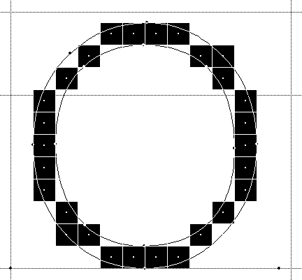 Screenshot showing an outline of the letter O filled with pixels. Some pixel combinations cause the O to appear with corners.