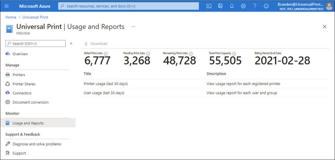 A screenshot of the Admin Portal showing print job capacity and usage information.