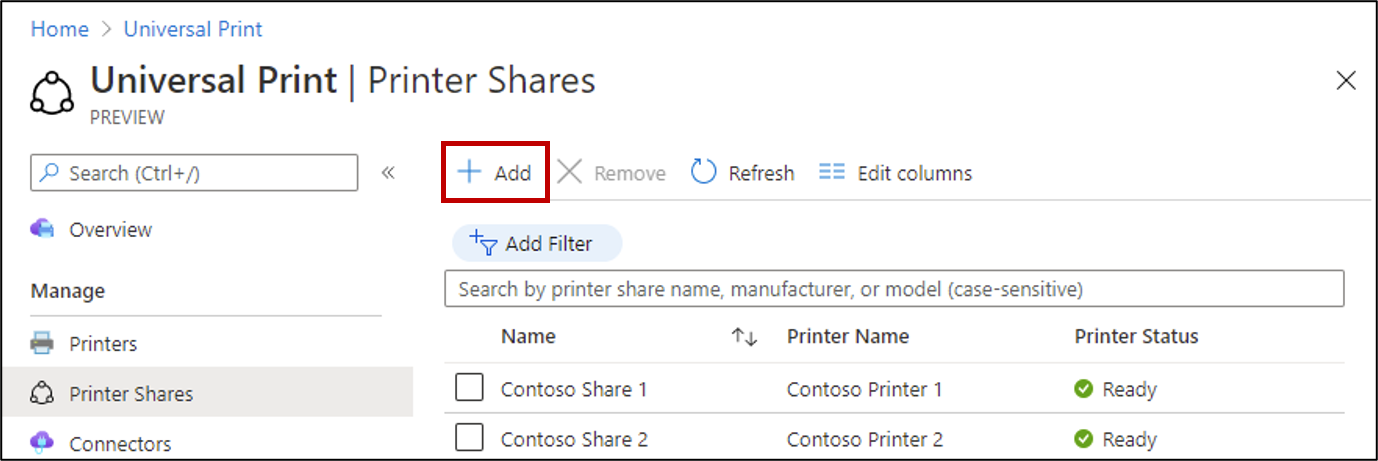 A screenshot of a the "add printer share button" in the Universal Print portal.