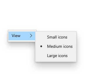 Three radio menu flyout items in a View goup that allow a user to select the size of icons