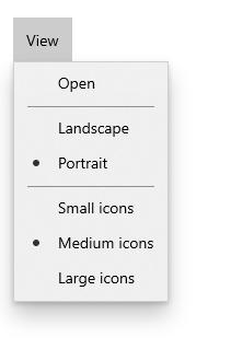 Two groups of radio menu flyout items within a View menu bar item