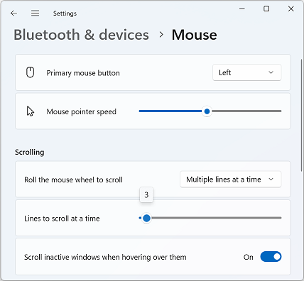 Screenshot of the Mouse Settings page showing mouse wheel scrolling settings.