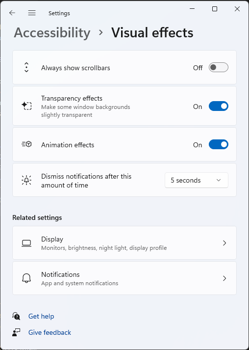 Screenshot of the Accessibility Visual effects settings dialog.