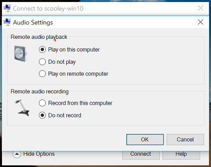 Screenshot of Remote audio playback set to Play on this computer and disabling Remote audio recording.