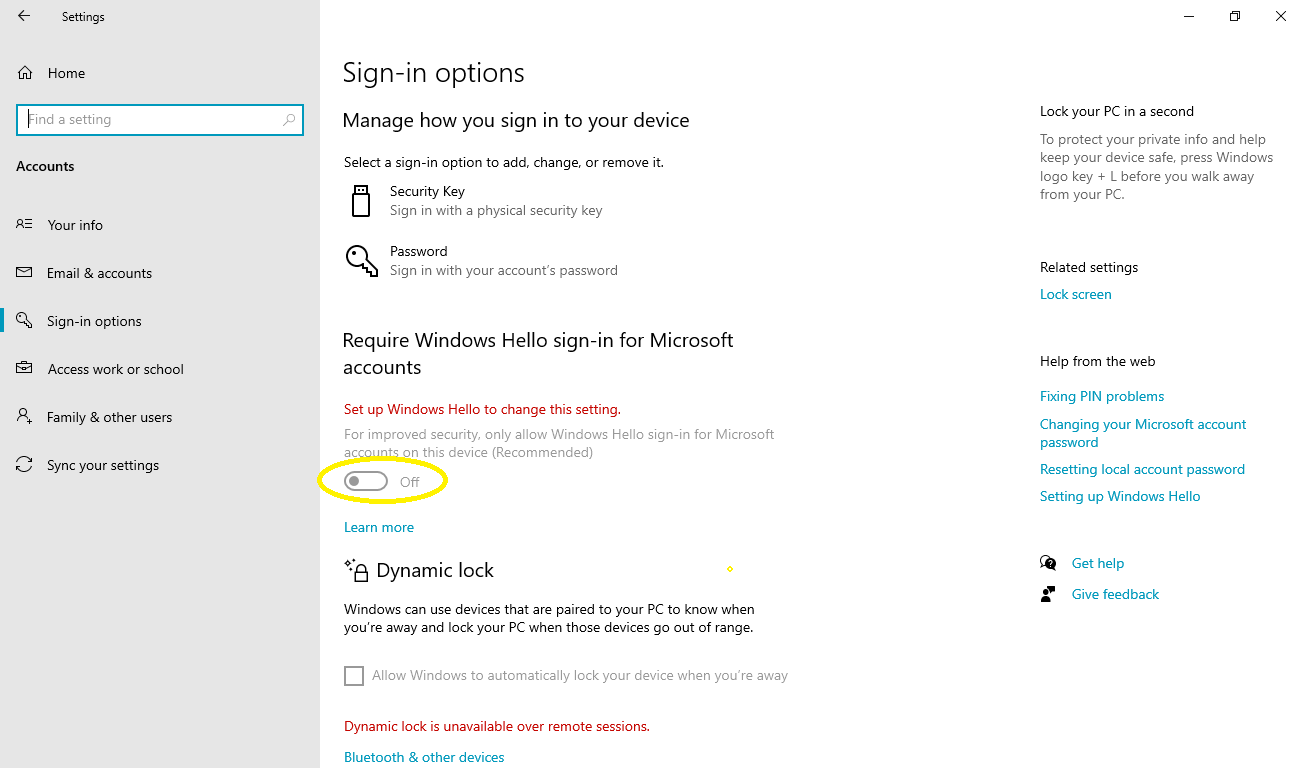 Disable Require Windows Hello sign-in