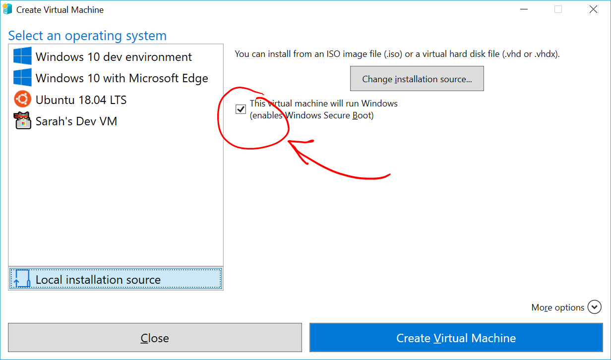 Screenshot of enabling Windows Secure Boot in the Create Virtual Machine dialog.