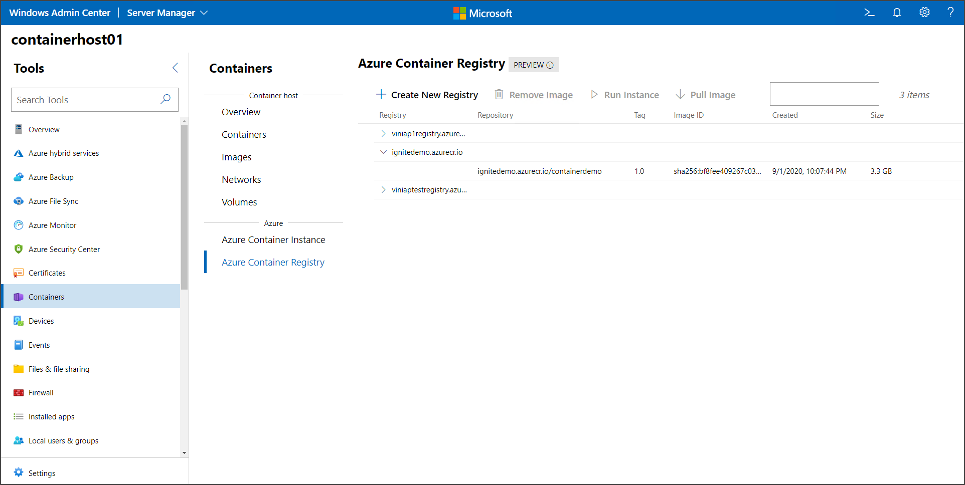 Azure Container Registry tab