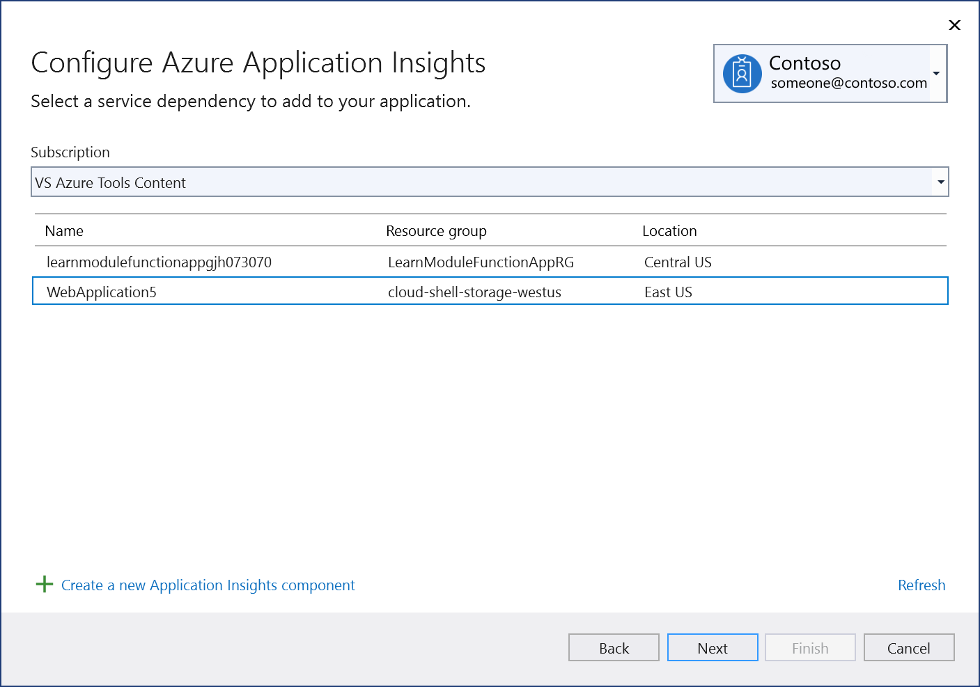 Screenshot showing "Connect to existing Application Insights component" screen.