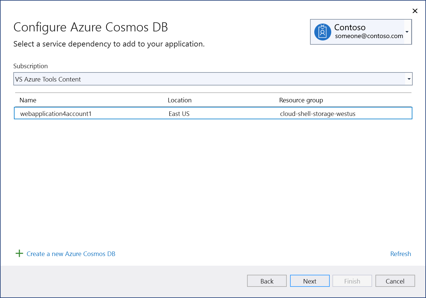 Screenshot showing how to add an existing Azure Cosmos DB to project.