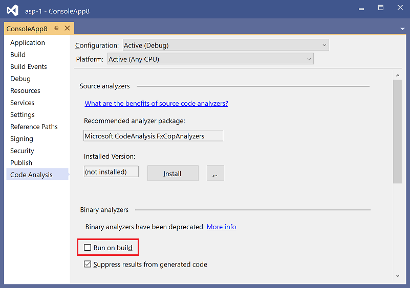 Run binary code analysis on build option in Visual Studio