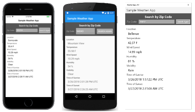 The Weather App sample on Android, iOS, and Windows Phone
