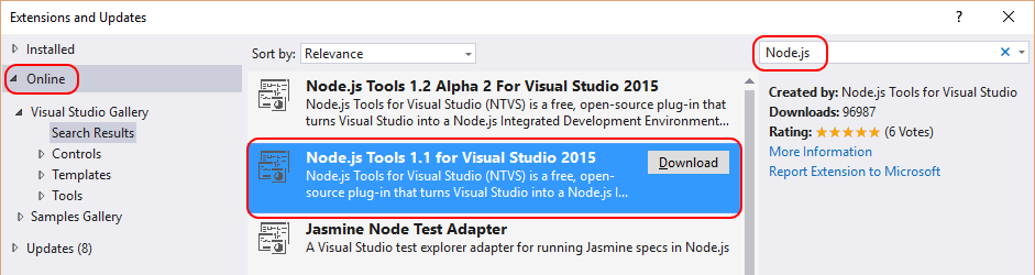 Installing the Node.js Tools for Visual Studio