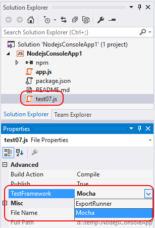 Setting the test framework option in Visual Studio