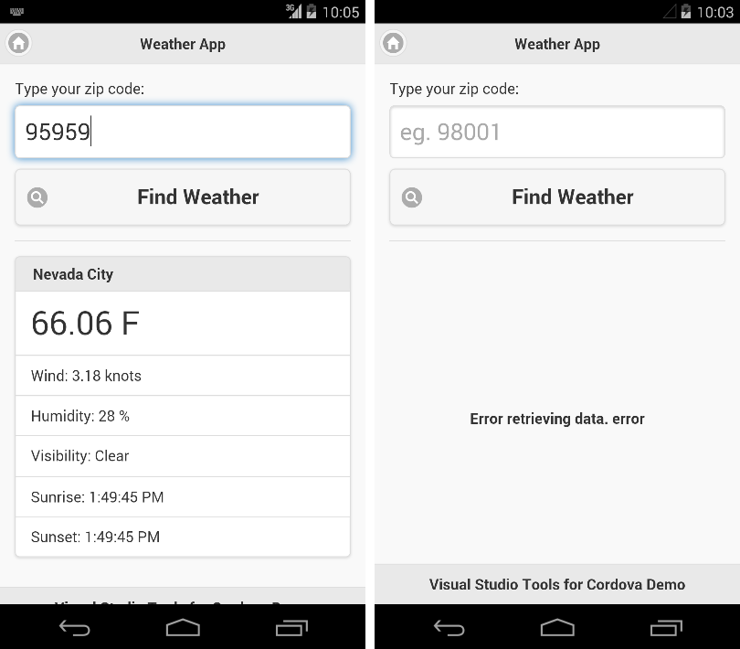 Two states of the Weather App UI, with weather data (left) and an error message (right)