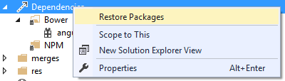 Restoring packages from the solution explorer menu