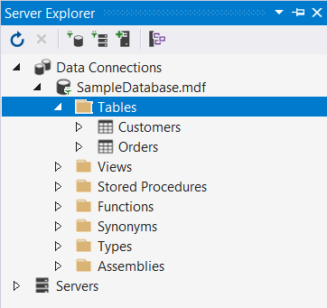 Tables node expanded in Server Explorer