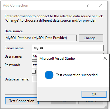Screenshot showing Test Connection succeeded message box.