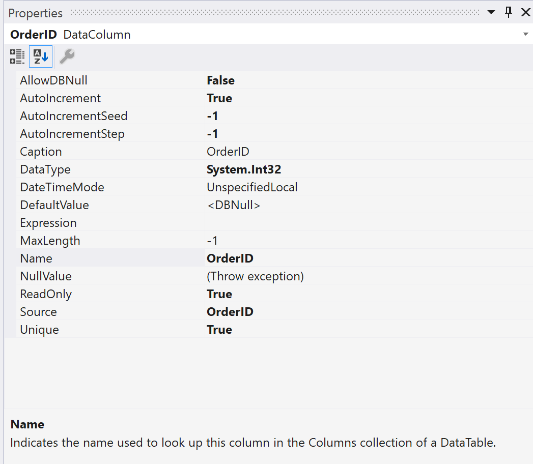 Screenshot showing DataSet column properties.