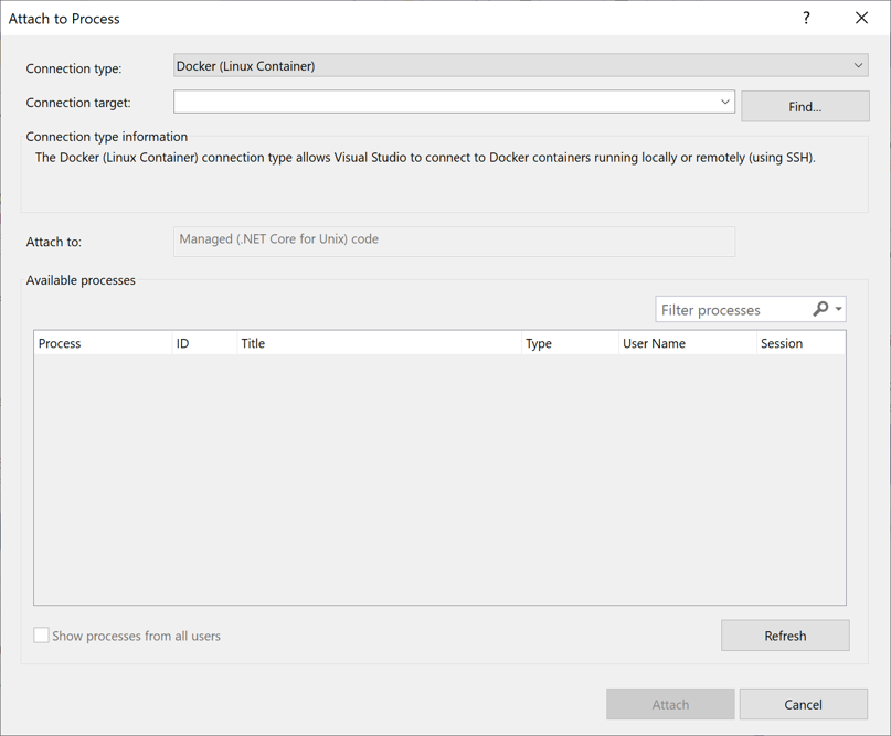 Screenshot of the Attach to Process dialog in Visual Studio showing a Connection type of Docker (Linux Container).