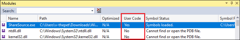 Screenshot of user code in the Modules window.