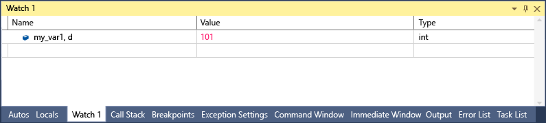 Screenshot of the Visual Studio Watch window with one line that shows my_var1, d with a value of 101 and a type of int.