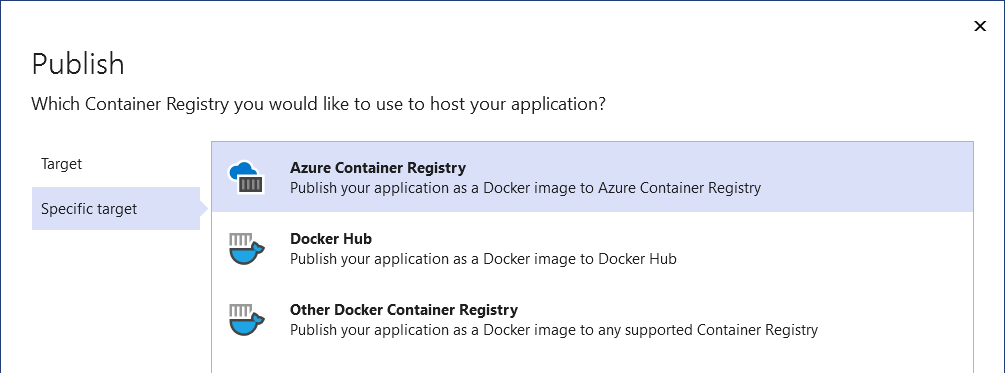 Screenshot showing the Publish to Docker Container Registry options.