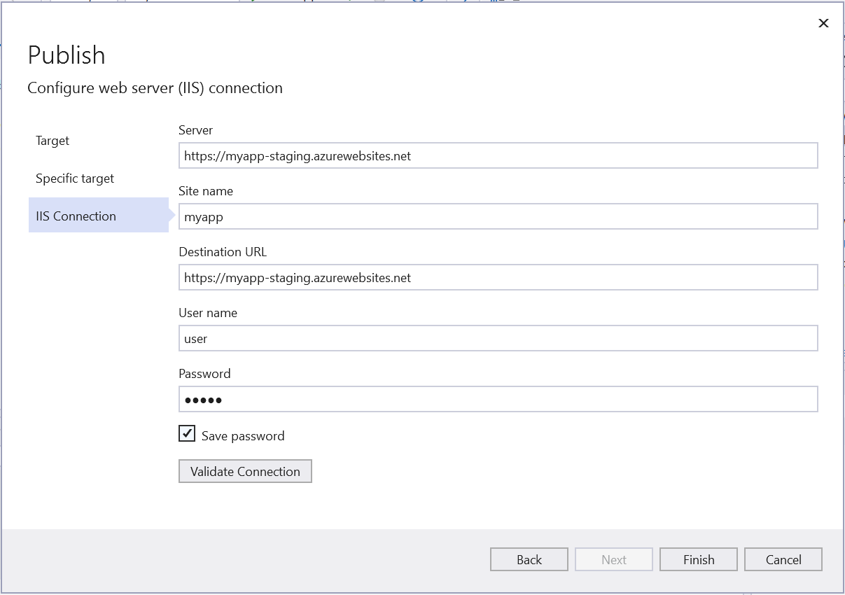 Screenshot showing the Publish wizard screen to publish to IIS with the Web Deploy option.