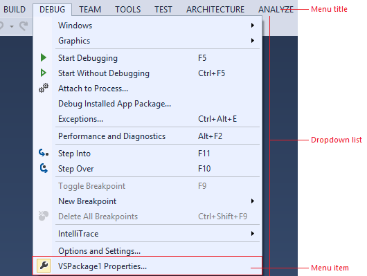 Visual Studio menu (redline)