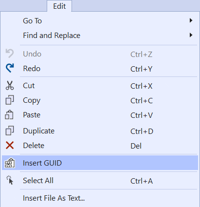 Insert GUID command located in the Edit main menu.