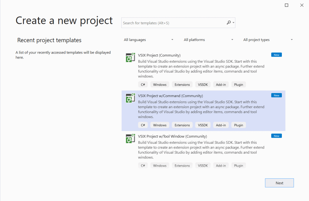 New Project Dialog showing VSIX project templates.