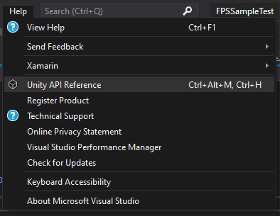 Screenshot of the Unity API Reference menu in Visual Studio.