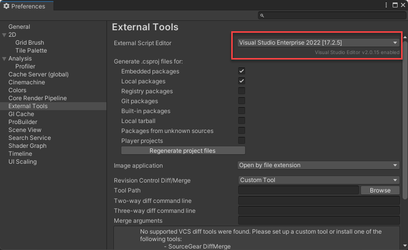 Screenshot of the External Tools preference menu in the Unity Editor on Windows