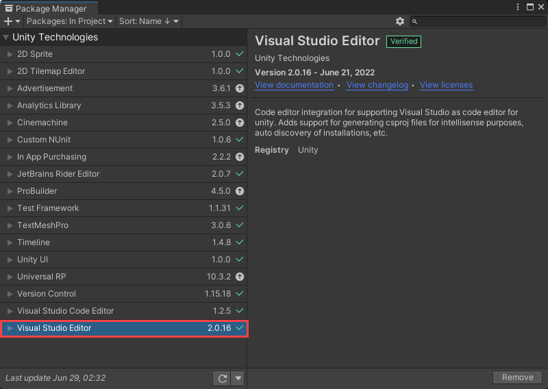 Screenshot of the Package Manager window in the Unity Editor on Windows
