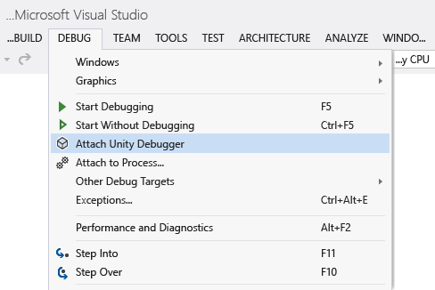 Screenshot of the Attach Unity Debugging Window in Visual Studio.