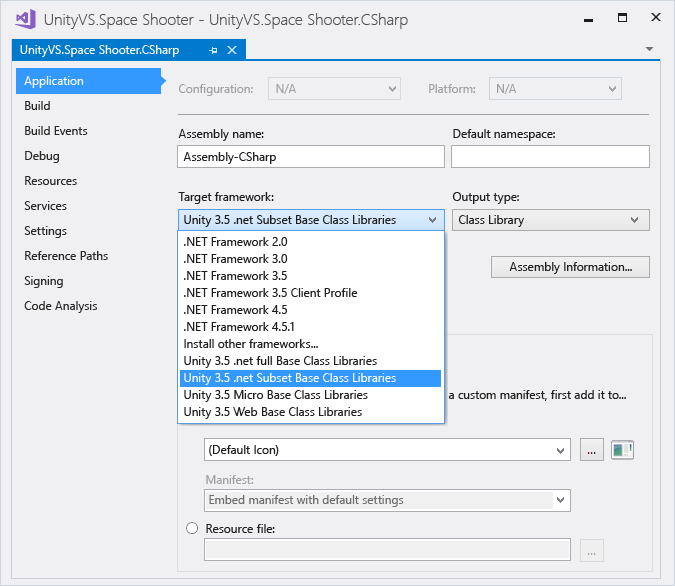 Screenshot of the selecting target framework for a project in Visual Studio.