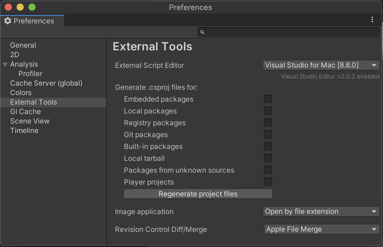 Screenshot of the External Tools preference menu in the Unity Editor on macOS