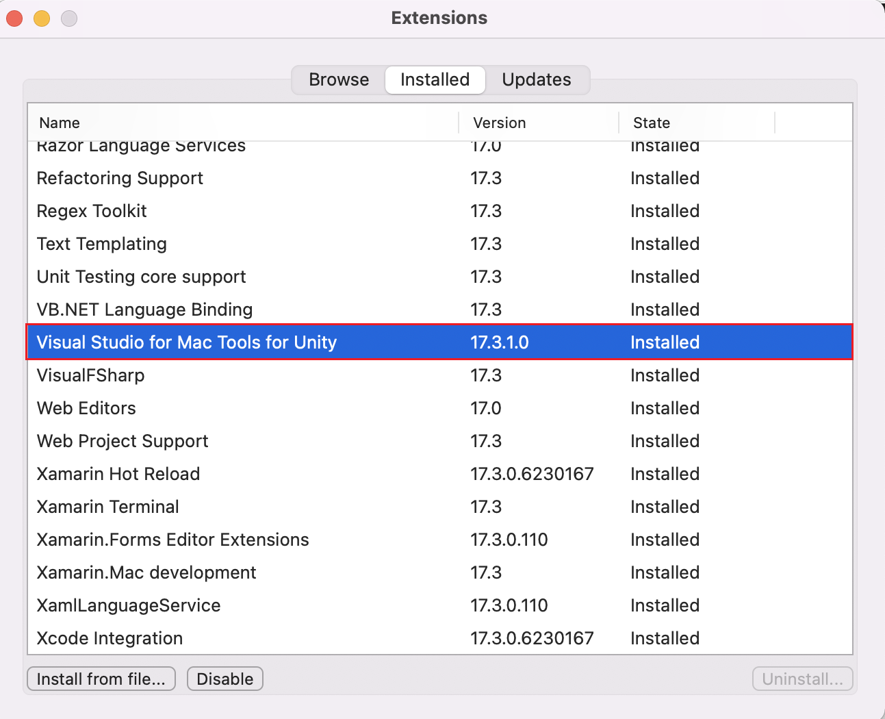 Screenshot of the Extension Manager view showing Visual Studio for Mac Tools for Unity enabled