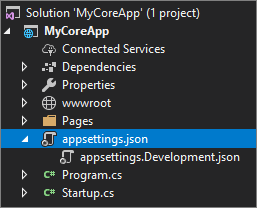 Screenshot shows appsettings dot j son selected and expanded in the Solution Explorer in Visual Studio.