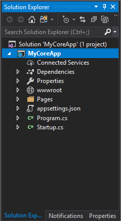 Screenshot shows the MyCoreApp project selected in the Solution Explorer in Visual Studio.