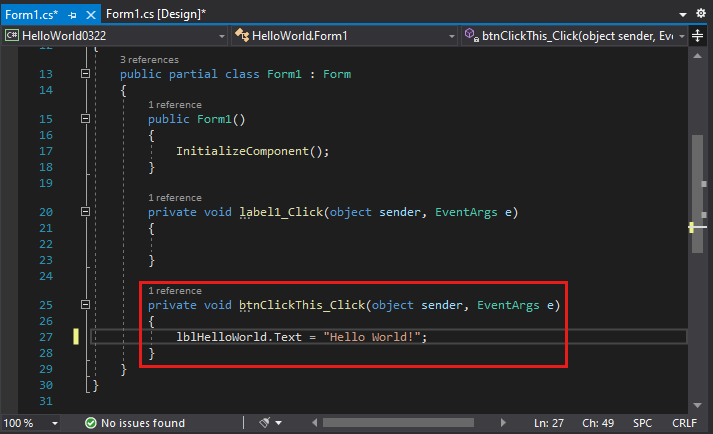 Screenshot shows the code window where you add code to the form.