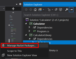 Screenshot of Manage NuGet Packages on the shortcut menu.