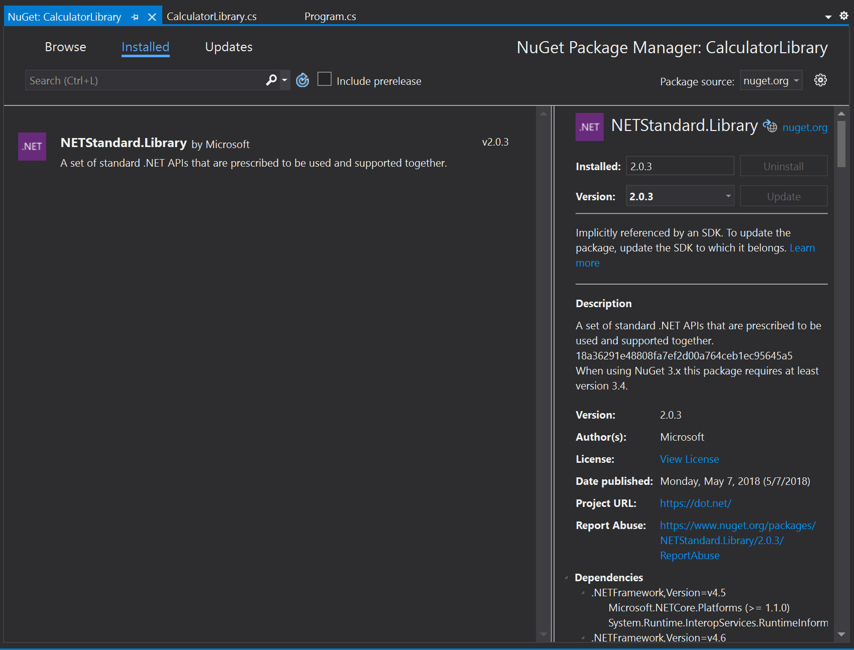 Screenshot of the NuGet Package Manager.