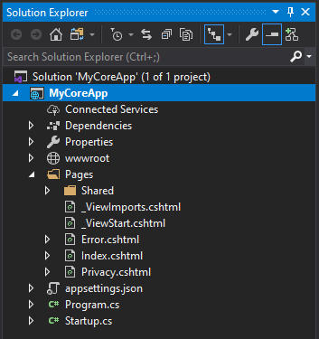 Screenshot shows the contents of the Pages folder in the the Solution Explorer in Visual Studio..
