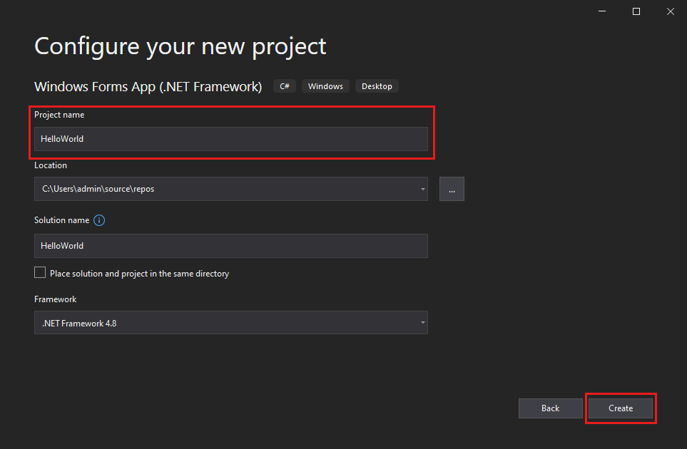 Screenshot shows the Configure your new project window, where you name your project HelloWorld.
