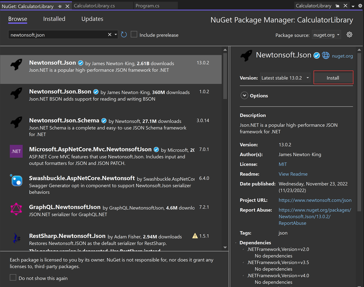 Screenshot of Newtonsoft J SON NuGet package information in the NuGet Package Manager.