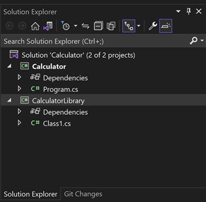 Screenshot of Solution Explorer with the CalculatorLibrary class library project added.