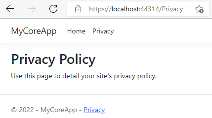 Screenshot shows the MyCoreApp Privacy page with the following text: Use this page to detail your site's privacy policy.