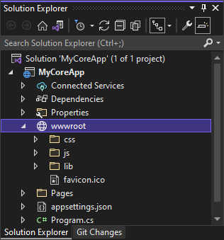 Screenshot shows the w w w root folder selected in the Solution Explorer in Visual Studio.