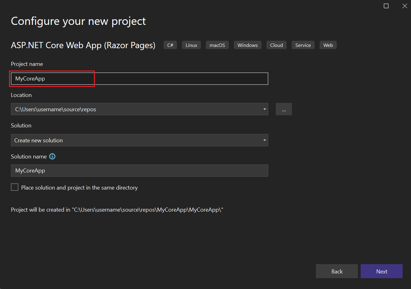 Screenshot shows the Configure your new project window with MyCoreApp entered in the Project name field.