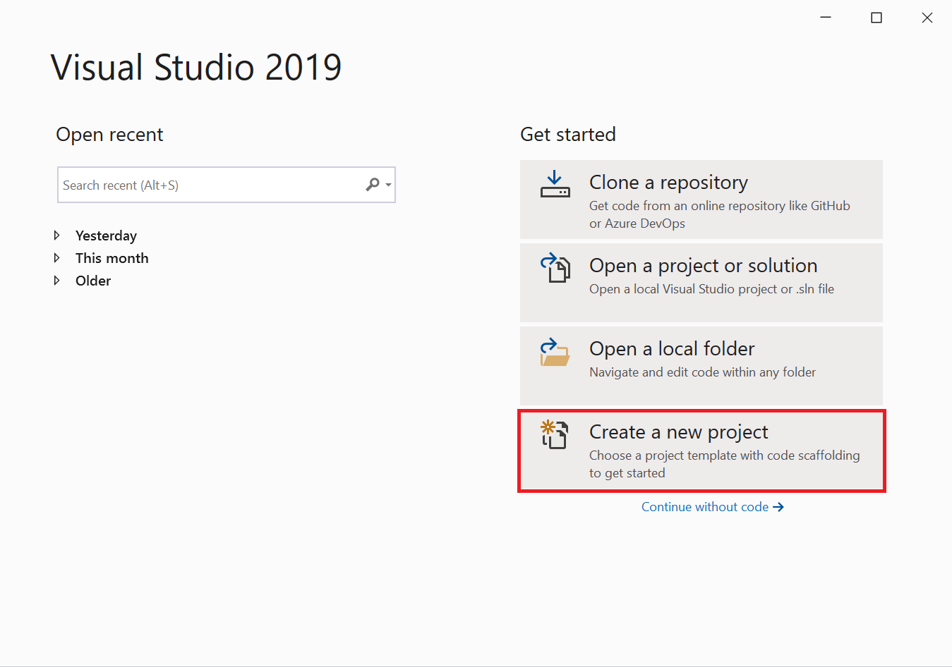 Visual Studio start window create a new project